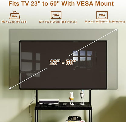 23 Inch to 50 Inch Floor Small Corner TV Stand with Storage Shelves for Living Room Bedroom, Universal Floor Television Stands with Mount, Farmhouse Black TV Table Desk Shelf for Small Spaces