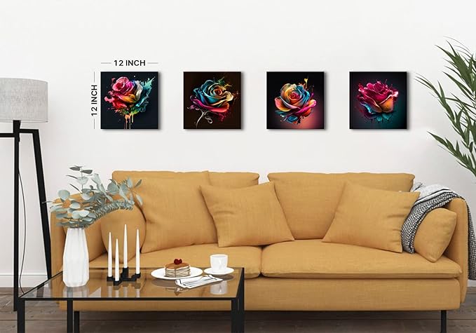 Colorful Rose Wall Art Abstract Graffiti Rainbow Flower Canvas Prints Pictures Bedroom Decor 12x12" 4 Pcs Modern Watercolor Black Background Paintings Artwork for Living Room Bathroom Home Decorations