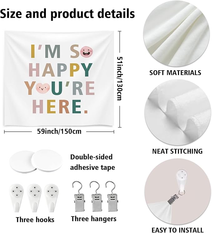Soft Flannel Wall Tapestry – I'M So Happy You're Here,Inspirational Welcome Tapestry Wall Hanging Decor for Living Room Bedroom,Birthday Party Wall Art Decoration, 59x51 inch(Colorful-I am so happy)