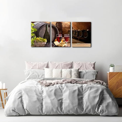 Kitchen Wall Art Red Wine Cellar Pictures Wooden Barrel and Fruit Grape Painting for Living Room 3 Panel Canvas Artwork House Modern Decor Giclee Posters Prints Framed Ready to Hang - 12 x 16 inch x 3