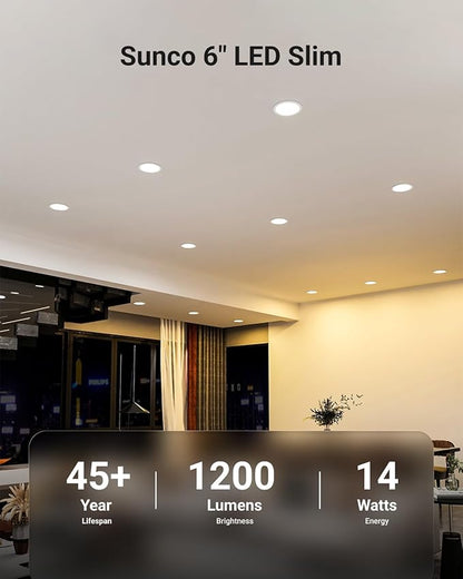 Sunco 12 Pack Recessed Lighting 6 Inch LED, Canless Ceiling Lights Slim with Junction Box, 1200 LM, 14W (100W Equivalent), 3000K Warm White, Dimmable, Wafer Thin, 50000 Lifetime Hours ETL.