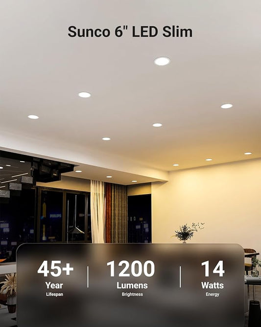 Sunco 12 Pack Recessed Lighting 6 Inch LED, Canless Ceiling Lights Slim with Junction Box, 1200 LM, 14W (100W Equivalent), 3000K Warm White, Dimmable, Wafer Thin, 50000 Lifetime Hours ETL.