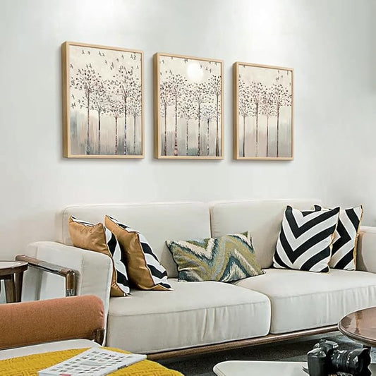 Natural Wood Framed Art Prints Wall Decorations For Living Room Wall Art For Bedroom Office Wall Decor Artworks Sunshine Trees And Birds Abstract Paintings Modern Home Frame Pictures Decor 3 Piece