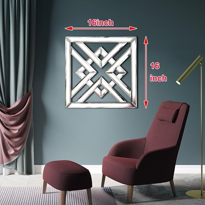 QMDECOR Silver Mirrored Wall Decor 16x16" Modern Fashion DIY Wall-Mounted Mirror X Design Gorgeous Glam Accent Vintage Chic for Room and Home