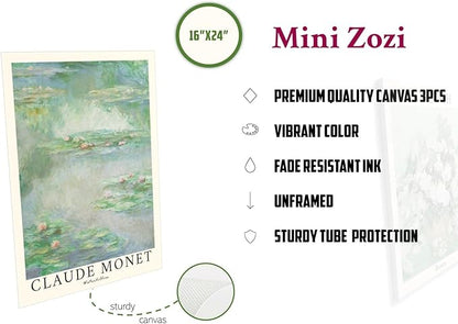 MINI ZOZI Sage Green Canvas Wall Art 16X24 Set Of 3 Matisse Van Gogh Monet Flower Prints Wall Decor Large Mid Century Modern Aesthetic Over Bed Poster Painting Master Bedroom Living Room…