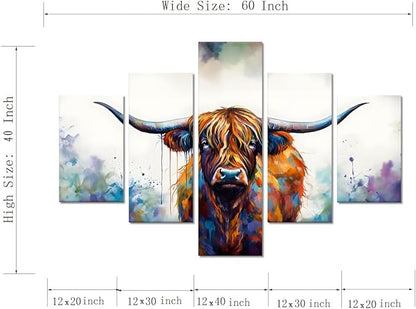 Yatsen Bridge Graffiti Cow Pictures 5 Panels Highland Cow Wall Art Farmhouse Posters Canvas Prints Painting Animal Wall Decor Artwork Home Office Framed Ready to Hang - 60''W x 40''H