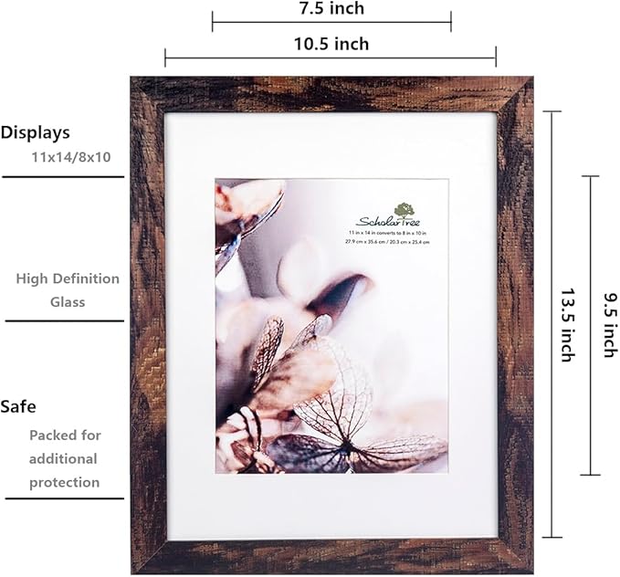 Wooden Brown 11x14 Picture Frame with Mat 2 Set in 1 Pack,Display 11x14 without Mat or 8x10 with Mat，Wall Gallery Photo Frames