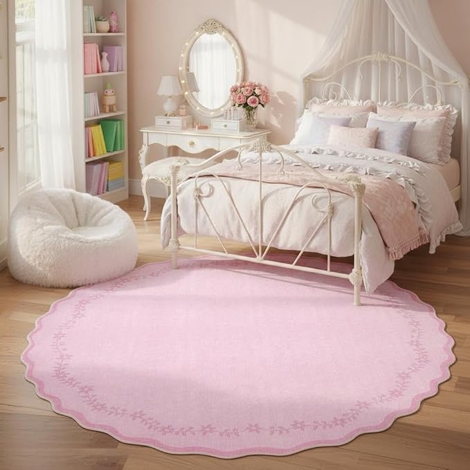 GarveeHome Round Area Rugs 4ft for Kids Room, Solid Pink Scalloped Washable Circle Rug Soft Non Slip Floral Print Floor Mat Carpet Indoor Thin Tent Rug for Bedroom Dining Room Playroom Nursery
