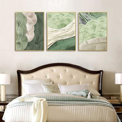 3Pcs Abstract Green Wall Art Mid Century Texture Wall Decor Posters Pictures Modern Minimalist Sage Green Ginkgo Leaf Canvas Paintings Prints for Bedroom Living Room Decoration Unframed