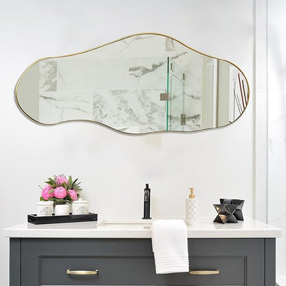 Irregular Mirror, 47"x20.5" Asymmetrical Wall Mirror with Gold Metal Frame, Large Abstract Mirrors Decorative, Modern Unique Shaped Mirrors for Living Room Bathroom Bedroom Hallway Entryway