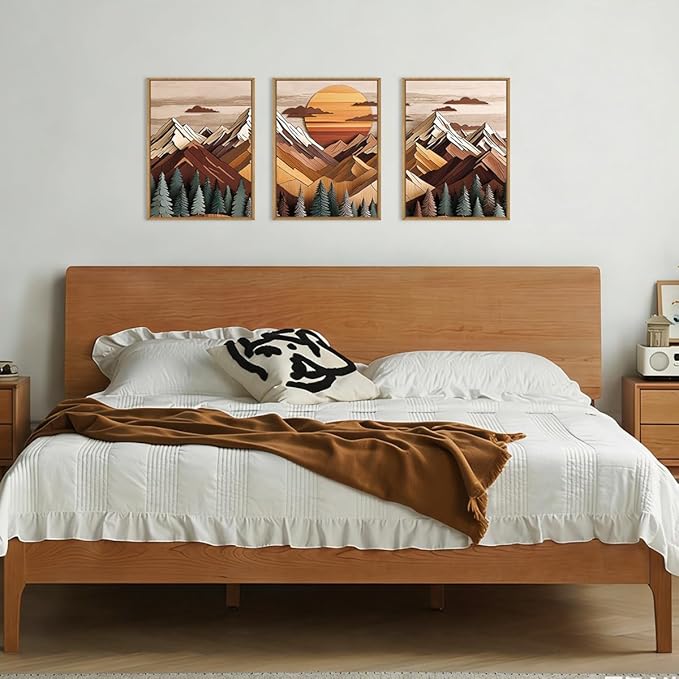 KAIRNE Woodcut Style Mountain Framed Canvas Wall Art Set,Wooden Pine Tree Wall Decor,Vintage Forest Landscape Art Prints,Nature Sunrise Artwork for Living Room,Bedroom,Farmhouse,Office-12 x16 x3