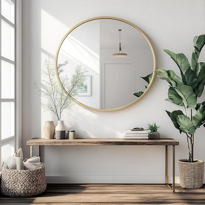 Oruii Gold Round Mirror 28 inch, Large Golden Circle Mirror Metal Frame, Large Brass Circular Mirrors for Living Room, Dining Room, Entryway, Hallway, Foyer, Bathroom, Wall