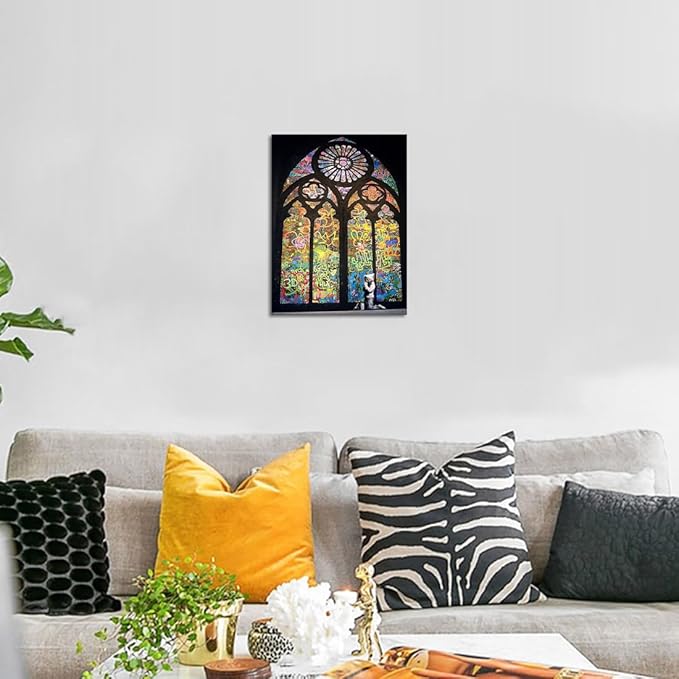 Stained Glass Church Graffiti Wall Art Praying Boy In Cathedral Canvas Picture Art Print Poster and Print Wall Decor for Living Room Modern Home Decor Framed Easy to Hang(12''W x 16''H)