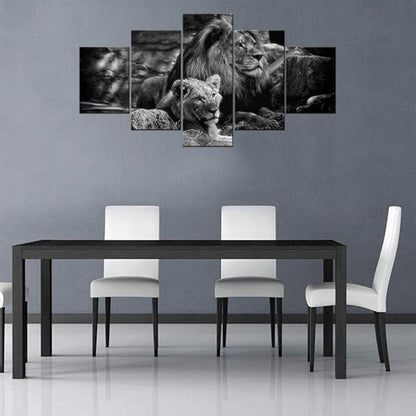 Framed Lion Pictures Wall Decor Modern 5 Panels White Black Lions Canvas Wall Art Easy to Hang Animal Posters for Living Room Bedroom Decor - 60''W x 32''H