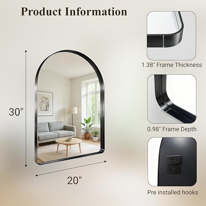 Arched Bathroom Mirror, 20"x30" Black Mirror for Wall Mounted Vanity Mirror for Over Sink with Tempered Glass, Aluminum Alloy Deep Frame, Farmhouse for Bedroom, Entryway, Living Room