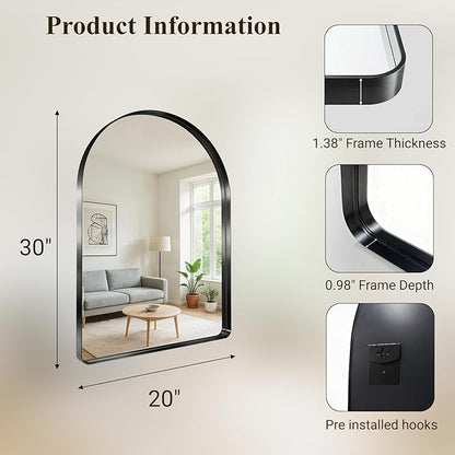 Arched Bathroom Mirror, 20"x30" Black Mirror for Wall Mounted Vanity Mirror for Over Sink with Tempered Glass, Aluminum Alloy Deep Frame, Farmhouse for Bedroom, Entryway, Living Room