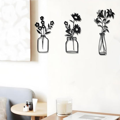 QZGXDECO Black Metal Flower Wall Decor,Metal Vase Wall Art,Minimalist Floral Wall Sculptures,Hanging Decor for Kitchen Dining Room Living Room Bathroom Bedroom(11.5'' X 3PCS)