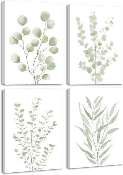 Drsoum Botanical Plant Framed Wall Art Boho Wall Decor for Bathroom Sage Green Eucalyptus Leaf Prints Minimalist Aesthetic Ready to Hang Set of 4, 12x16 in (Framed)