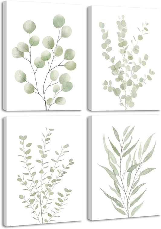 Drsoum Botanical Plant Framed Wall Art Boho Wall Decor for Bathroom Sage Green Eucalyptus Leaf Prints Minimalist Aesthetic Ready to Hang Set of 4, 12x16 in (Framed)