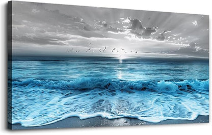 ERQINHUA Large Canvas Printed Artworks Mural Wall Decor For Living Room Wall Art For Bedroom Office Restaurant Decoration Blue Sea Wave Ocean Paintings Beach Wall Pictures Modern Home Decor 30"X60"