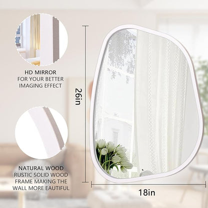 White Irregular Oval Wall Mirror Large 26"x18" Inches Asymmetrical Mirror Modern Wood Frame Unique Shape Wall Mounted Vanity Artistic Mirror Decor for Living Room Bedroom Bathroom Entryway