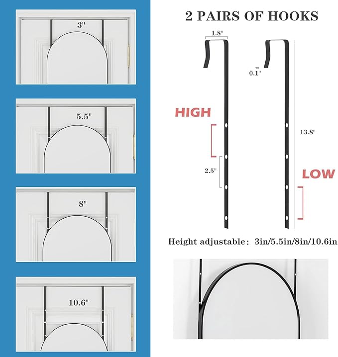 DMWOODFL 50"x16" Black Arched Over The Door Mirror, Adjustable Height Full Length Mirror with Shatterproof Glass & Aluminum Frame, Wall Mounted Hanging Mirror for Bedroom Living Room Bathroom Dorm