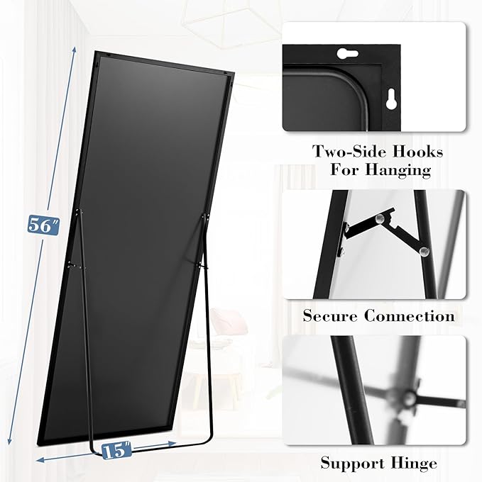 NEWBULIG Mirror Full Length, 56"x15" Body Wall Mirrors with Shatter-Proof Glass, Upgraded Floor Standing Mirror, Hanging or Leaning, with Stand Aluminum Alloy Frame for Home Decor, Bedroom, Black