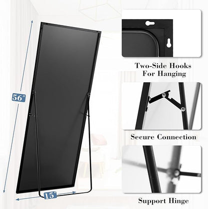 NEWBULIG Mirror Full Length, 56"x15" Body Wall Mirrors with Shatter-Proof Glass, Upgraded Floor Standing Mirror, Hanging or Leaning, with Stand Aluminum Alloy Frame for Home Decor, Bedroom, Black