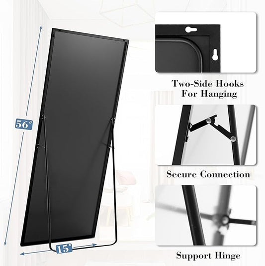 NEWBULIG Mirror Full Length, 56"x15" Body Wall Mirrors with Shatter-Proof Glass, Upgraded Floor Standing Mirror, Hanging or Leaning, with Stand Aluminum Alloy Frame for Home Decor, Bedroom, Black