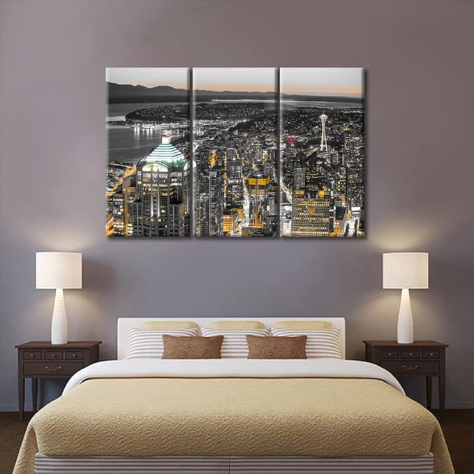 TUMOVO American Cityscape Canvas Paintings Wall Art 3 Pieces Downtown Seattle Skyline in Seattle Washington Skyscrapers Bedroom Decor Wall Art Framed Ready to Hang (60" Wx40 H)