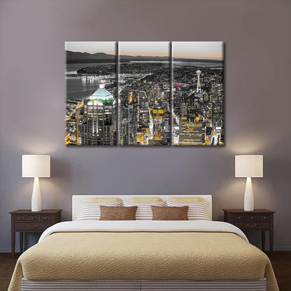 TUMOVO American Cityscape Canvas Paintings Wall Art 3 Pieces Downtown Seattle Skyline in Seattle Washington Skyscrapers Bedroom Decor Wall Art Framed Ready to Hang (60" Wx40 H)