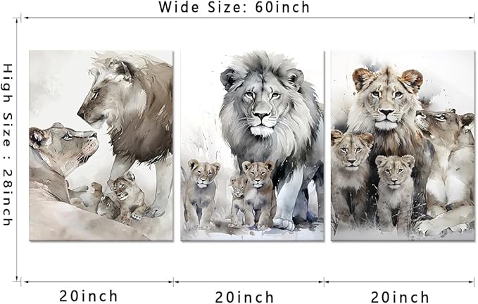 Animal Canvas Paintings Lion Family Portrait Pictures Wall Decor Modern 3 Piece Lion Poster Wall Art Living Room Bedroom Home Office Decorations, Framed 60”W x 28”H