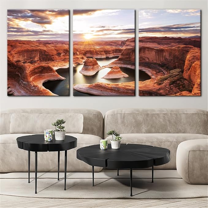 Pacimo 3 Pieces Lake Modern Wall Art Decor Arizona Landscape Pictures Prints on Canvas Wall Paintings Wall Decoration for Living Room Bedroom Office Stretch and Framed Ready to Hang - 20"x28"x3