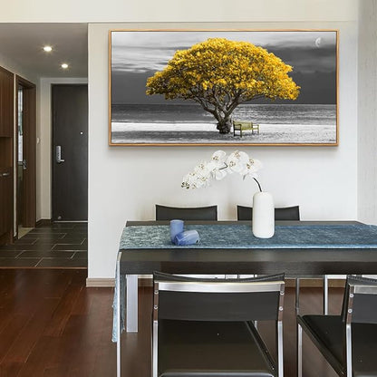 hyidecorart Framed Canvas Wall Art, 30x60in Yellow Trees, Living Room Wall Decor, Natural Wood Frames