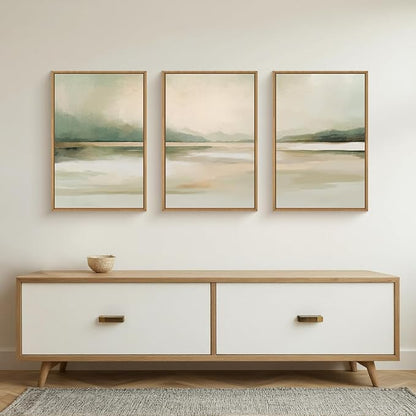 Large Abstract Sage Green Pastel Framed Canvas Wall Art Set,Minimalist Neutral Landscape Wall Decor,Modern Watercolor Mountain Lake Artwork for Living Room,Bedroom-16 x24 x3