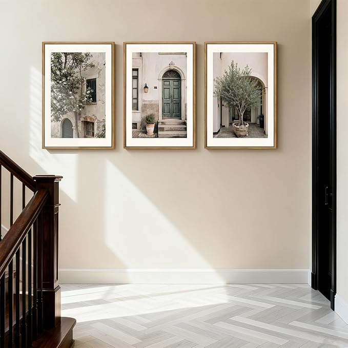 HPNIUB Large Vintage Italy City Landscape Framed Canvas Wall Art Set, Olive Green Tree Country Wall Decor, Modern Minimalist Countryside Villages Picture for Living Room,Bedroom,Office-16 x24 x3