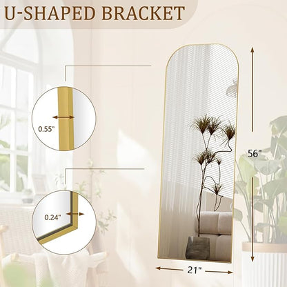 Koonmi Full Length Mirror, 56"x21" Mirror Full Length with Stand, Gold Domed Top Square-Edged Floor Mirror with Aluminum Alloy Frame for Bedroom Living Room