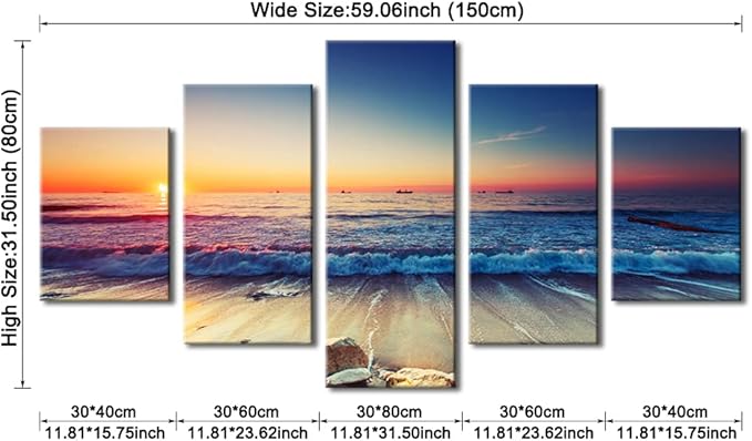 Pyradecor 5 Piece Large Modern Seascape Artwork Gallery Wrapped Ocean Sea Beach Pictures Canvas Prints Waves Paintings on Canvas Wall Art for Living Room Bedroom Home Decorations L
