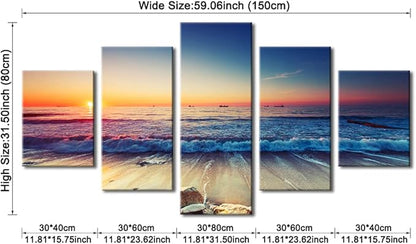Pyradecor 5 Piece Large Modern Seascape Artwork Gallery Wrapped Ocean Sea Beach Pictures Canvas Prints Waves Paintings on Canvas Wall Art for Living Room Bedroom Home Decorations L