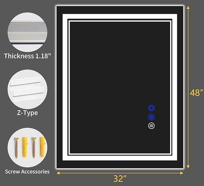 48"x32" LED Bathroom Mirror with Anti-Fog, Stepless Dimmable Lights, 3 Color Modes, Shatter-Proof Tempered Glass,Waterproof Design