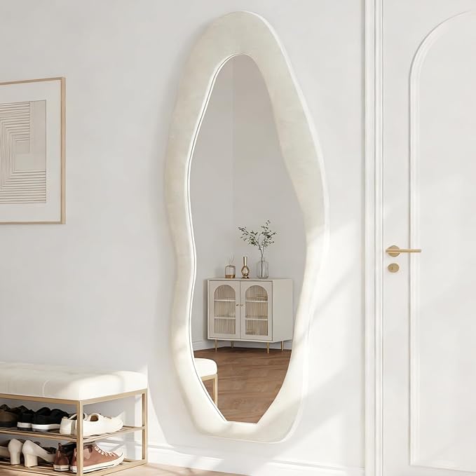Full Length Mirror, 71"x30" Full Body Mirrors, Flannel Floor Mirrors with Stand, Irregular Wavy Mirror Hanging or Leaning Against Wall for Bedroom Living Room, Beige