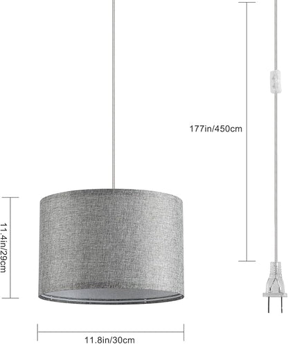 2 Pack Plug in Pendant Light, Hanging Light with 15Ft Clear Cord, On/Off Switch, Grey Fabric Lamp Shade, Hanging Light Fixture for Bedroom, Kitchen, Living Room, Dining Table