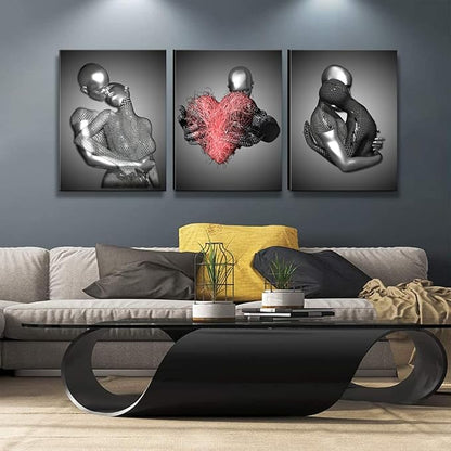 Framed 3 Pcs Love Heart 3d Wall Art Metal Sculpture Romantic Couple Abstract Art Prints Posters Decor Grey Black and White Canvas Printsfor Bedroom Living Room Bathroom Hotel Valentine'S Day ready to