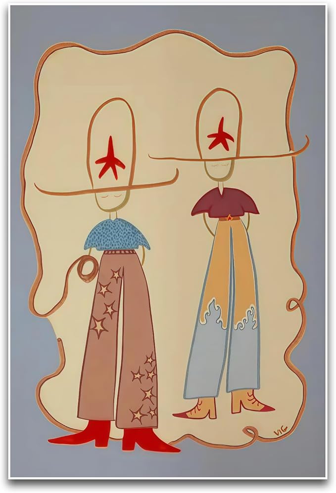 ZHBJSM Retro Cowgirl Duo Wall Art Modern Whimsical Western Boho Star Wave Pattern Warm Earthy Tone Home Living Room Bedroom Entryway Playful Nostalgic Interior Decor Accent Piece 16x24 Inch Unframed