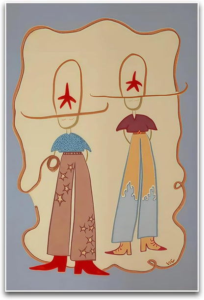 ZHBJSM Retro Cowgirl Duo Wall Art Modern Whimsical Western Boho Star Wave Pattern Warm Earthy Tone Home Living Room Bedroom Entryway Playful Nostalgic Interior Decor Accent Piece 16x24 Inch Unframed