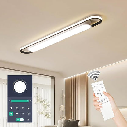 4Ft Modern Smart LED Linear Ceiling Lights Dimmable LED Ceiling Lamp with Remote Control,65W Metal/Acrylic Flush Mount Ceiling Lighting Fixtures for Kitchen Living Room Kitchen Dining Room (48")