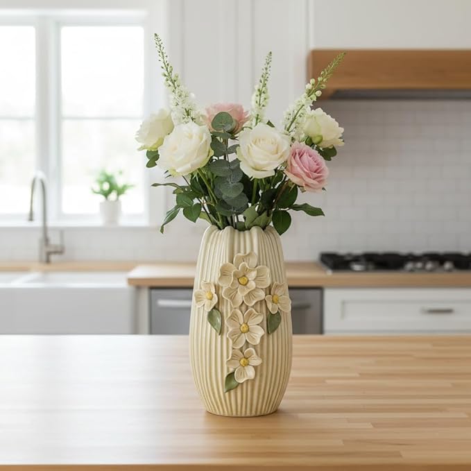 Yellow Ceramic Vase, 9 Inch Modern Centerpiece Vases Home Decor, Decorative Flower Vase for Pampas Grass, Kitchen, Fireplace, Living Room, Bathroom Decor