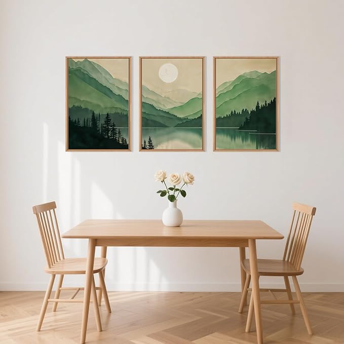 Watercolor Mountains Framed Canvas Wall Art, Boho Sun Forests Wall Decor, Green Scenery Wall Painting, Modern Woodland Artworks for Living Room, Bedroom, Dining Room, Office - 24"x36"x3