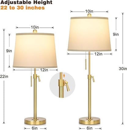 JUNNAI 2 Pack 22"-30" Adjustable Height Table Lamps Set, Modern Gold Table Lamps with White Shade 3 Colour Temperature Pull Chain Tall Lamps for Living Room Bedroom Bedside End Table Nightstand