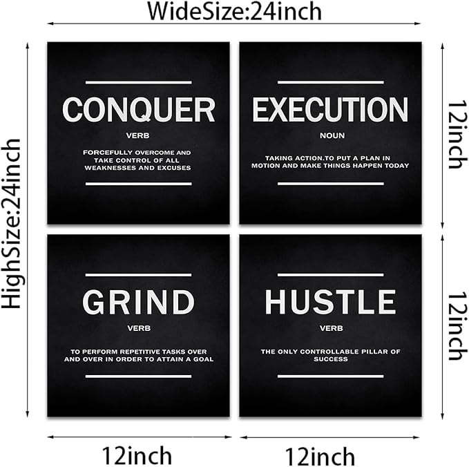 KAWAHONE Grind Hustle Execution Quotes Framed Wall Art,Success Canvas Print Office Decor Inspiring Framed Prints Inspirational Quotes for Wall Art Decoration Ready to Hang(4pcs)
